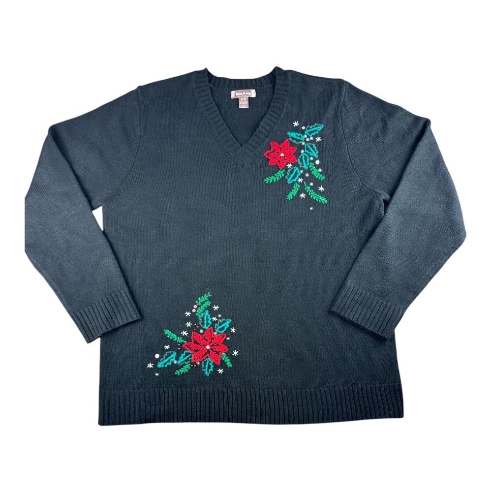 White Stag Vintage Black V-Neck Holiday Sweater Poinsettia Sequin Embroidery XL